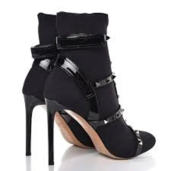 VALENTINO GARAVANI Rockstud Leather-trimmed Stretch-knit Sock Boots In Black